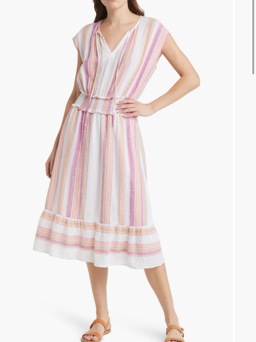 Rails Pink & Cream Striped Smocked-Waist Midi Spring/Summer Dress - Picture 2 of 12